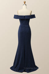 Formal Dressing Style, Off the Shoulder Navy Blue Draped Long Formal Dress