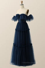 Evening Dress Near Me, Off the Shoulder Navy Blue Tulle Formal Gown