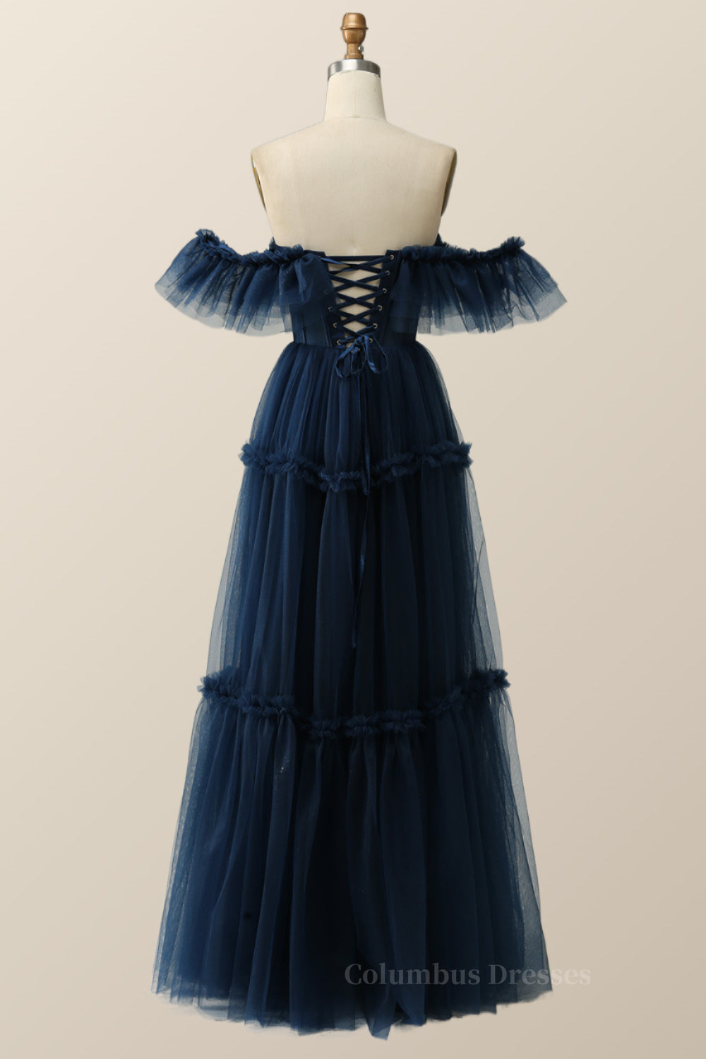 Evening Dresses Near Me, Off the Shoulder Navy Blue Tulle Formal Gown