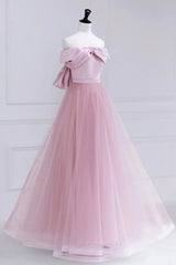 Bridesmaid Dresses Vintage, Off the Shoulder Pink Prom Dresses, Pink Tulle Formal Evening Dresses