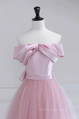 Bridesmaid Dresses Summer Wedding, Off the Shoulder Pink Prom Dresses, Pink Tulle Formal Evening Dresses