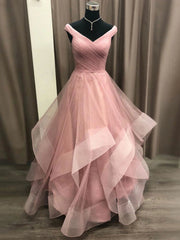 Party Dress In Store, Off the Shoulder Pink Prom Gown, Pink Off Shoulder Long Formal Graduation Dresses