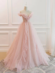 Bridesmaid Dress Designers, Off the Shoulder Pink Tulle Beaded Long Prom Dresses, Pink Tulle Long Formal Dress