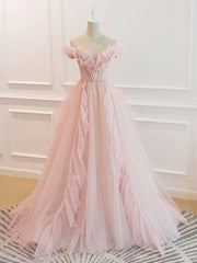 Bridesmaids Dress Cheap, Off the Shoulder Pink Tulle Beaded Long Prom Dresses, Pink Tulle Long Formal Dress
