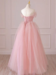 Bridesmaid Dresses Sale, Off the Shoulder Pink Tulle Long Prom Dresses, Pink Tulle Long Formal Evening Dresses