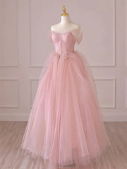 Bridesmaid Dresses Sales, Off the Shoulder Pink Tulle Long Prom Dresses, Pink Tulle Long Formal Evening Dresses