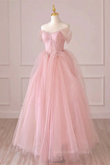 Prom Dresses Gold, Off the Shoulder Pink Tulle Prom Dresses, Pink Tulle Long Formal Graduation Dresses