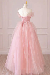Dress, Off the Shoulder Pink Tulle Prom Dresses, Pink Tulle Long Formal Graduation Dresses