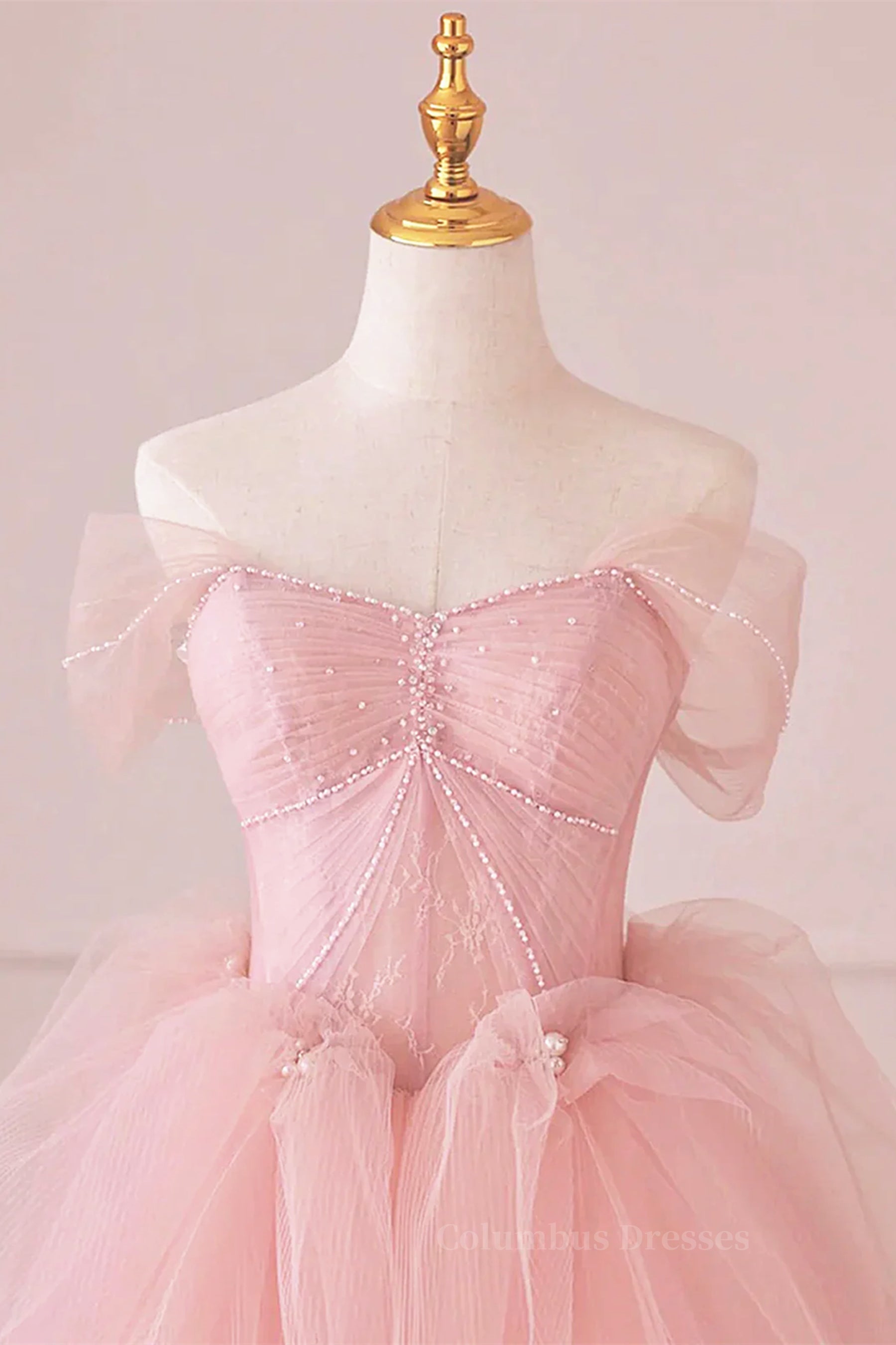 Prom Dress Yellow, Off the Shoulder Pink Tulle Prom Dresses, Pink Tulle Long Formal Graduation Dresses