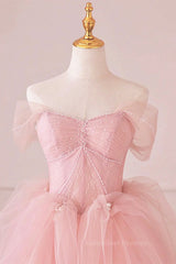 Prom Dress Yellow, Off the Shoulder Pink Tulle Prom Dresses, Pink Tulle Long Formal Graduation Dresses