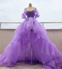 Party Dress Style, Off the Shoulder Purple High Low Prom Dresses, High Low Purple Formal Graduation Dresses