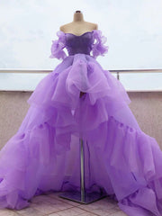 Party Dress Dress, Off the Shoulder Purple High Low Prom Dresses, High Low Purple Formal Graduation Dresses