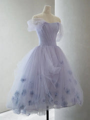 Party Dress Stores, Off the Shoulder Purple High Low Tulle Prom Dresses, High Low Purple Tulle Formal Graduation Dresses