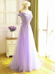 Party Dresses For Teen, Off the Shoulder Purple Lace Prom Dresses, Purple Off Shoulder Lace Formal Bridesmaid Dresses