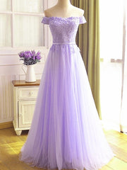 Party Dress For Teens, Off the Shoulder Purple Lace Prom Dresses, Purple Off Shoulder Lace Formal Bridesmaid Dresses