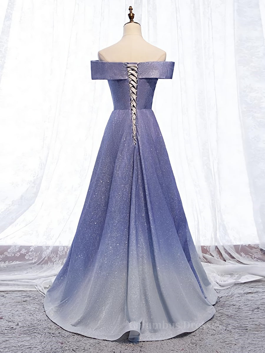 Prom Dress Blue Lace, Off the Shoulder Purple Ombre Long Prom Dresses, Off the Shoulder Purple Formal Evening Dress with Corset Back