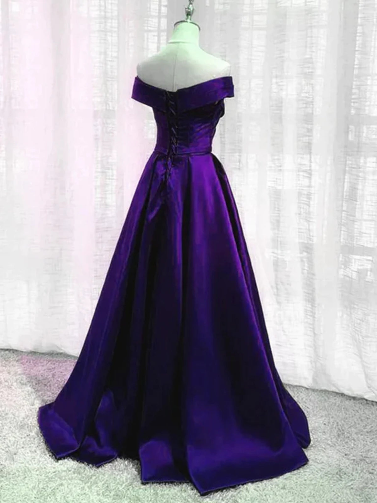 Bridesmaid Dress Green, Off the Shoulder Purple Satin Long Prom Dresses, Off Shoulder Long Purple Formal Graduation Dresses