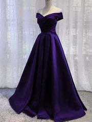 Bridesmaides Dresses Summer, Off the Shoulder Purple Satin Long Prom Dresses, Off Shoulder Long Purple Formal Graduation Dresses