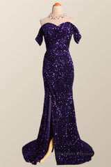 Bridesmaid Dress Champagne, Off the Shoulder Purple Velvet Sequin Mermaid Party Dress