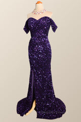 Bridesmaid Dresses Dark, Off the Shoulder Purple Velvet Sequin Mermaid Party Dress