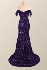 Bridesmaid Dress Dark, Off the Shoulder Purple Velvet Sequin Mermaid Party Dress