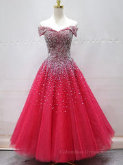 Homecoming Dresses Chiffon, Off the Shoulder Red Long Prom Gown, Off the Shoulder Red Beaded Formal Evening Dresses