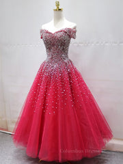 Homecoming Dress Chiffon, Off the Shoulder Red Long Prom Gown, Off the Shoulder Red Beaded Formal Evening Dresses