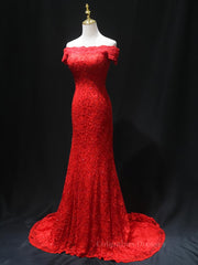 Prom Dresses Sale, Off the Shoulder Red Mermaid Lace Prom Dresses, Red Mermaid Lace Formal Bridesmaid Dresses