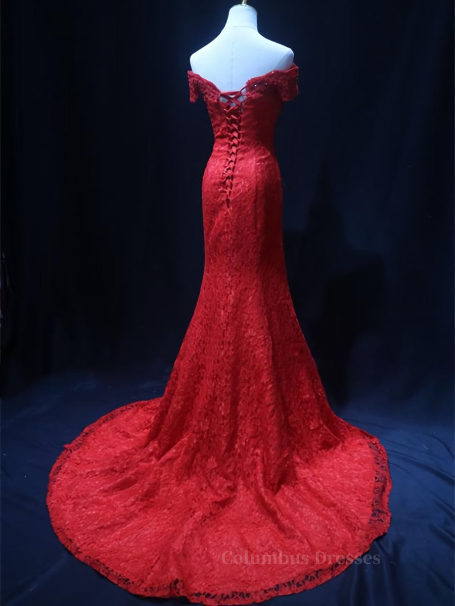Prom Dress Sales, Off the Shoulder Red Mermaid Lace Prom Dresses, Red Mermaid Lace Formal Bridesmaid Dresses