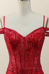 Party Dress Code Ideas, Off the Shoulder Red Sequin Mermaid Formal Dress