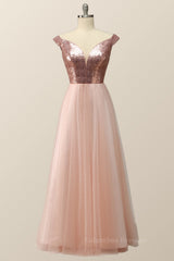 Formal Dress Ballgown, Off the Shoulder Rose Gols Sequin and Tulle Long Party Dress