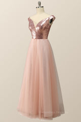 Formal Dress Party Wear, Off the Shoulder Rose Gols Sequin and Tulle Long Party Dress