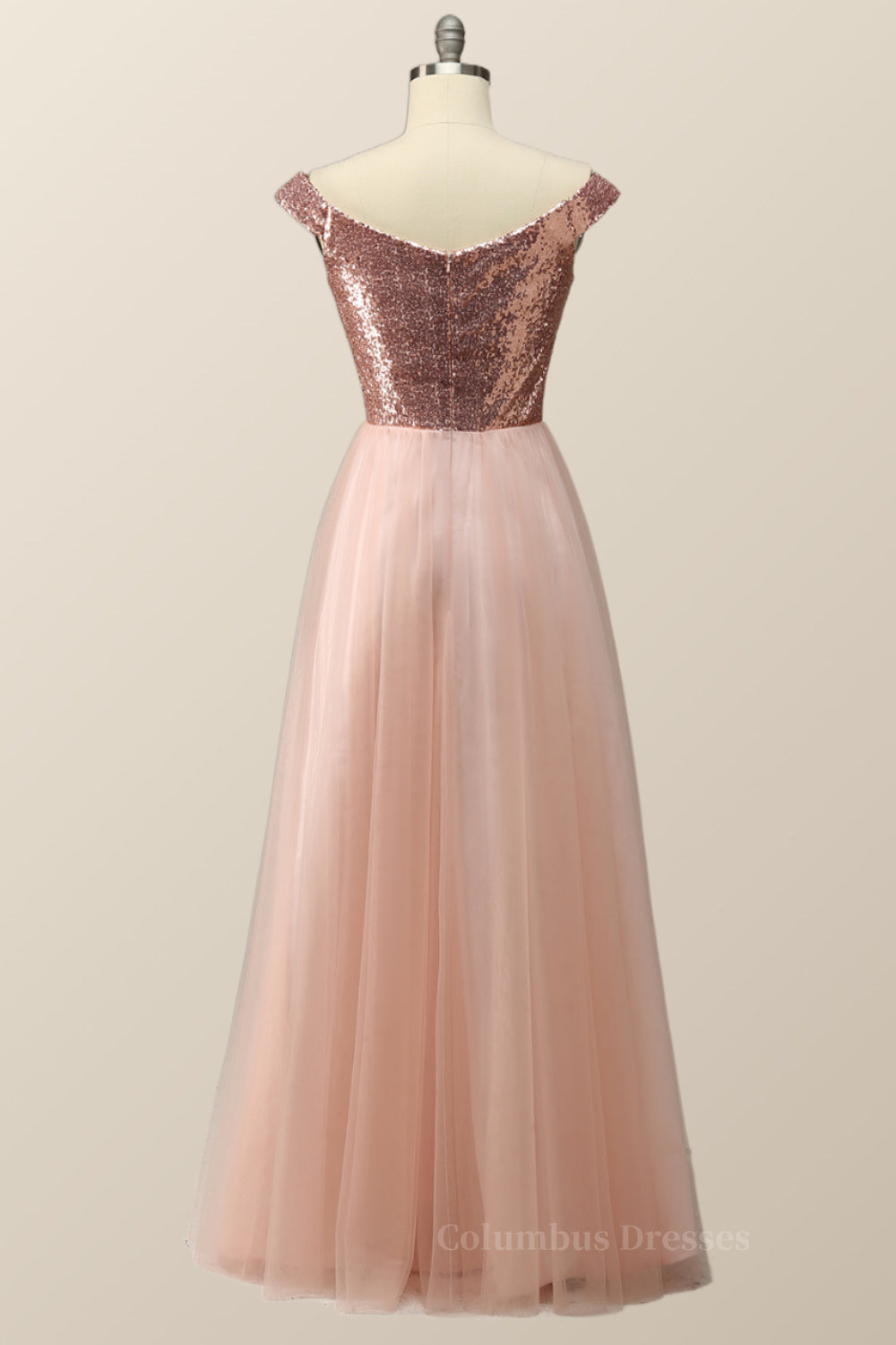 Formal Dress Australia, Off the Shoulder Rose Gols Sequin and Tulle Long Party Dress