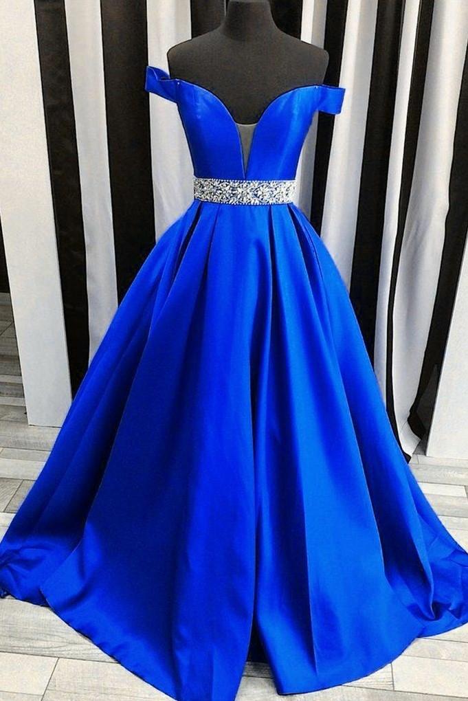 Prom Dresses Long Ball Gown, Off-the-shoulder Royal Blue Evening Dress with Rhinestones Belt,event dresses elegant