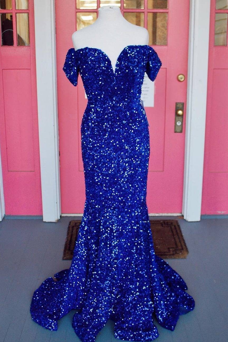 Evening Dresses For Wedding Guest, Off the Shoulder Royal Blue Sequins Mermaid Long Formal Dress,Prom Dresses