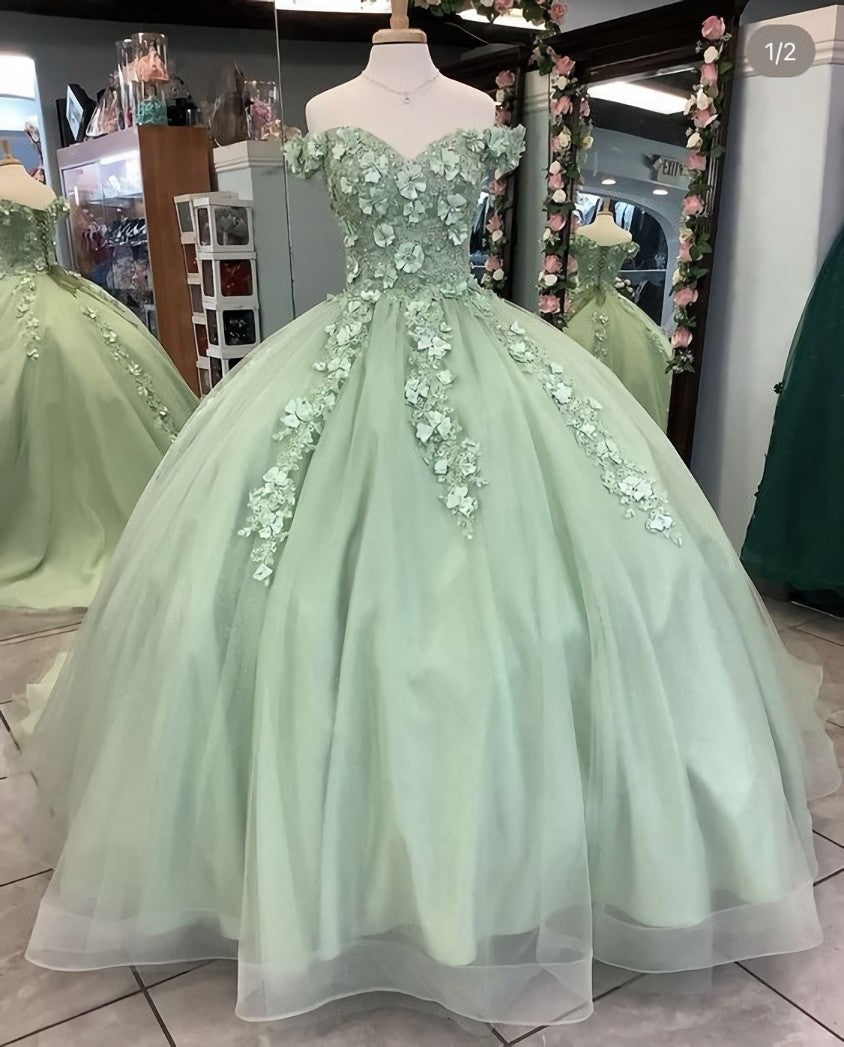 Bridesmaids Dresses Red, Off The Shoulder Sage Green Ball Gown With Flowers Sweet 16 Dress Quinceanera