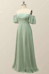 Prom Dresses Nearby, Off the Shoulder Sage Green Chiffon Long Bridesmaid Dress