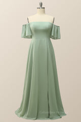 Prom Dress With Shorts, Off the Shoulder Sage Green Chiffon Long Bridesmaid Dress
