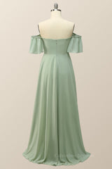 Prom Dresses With Short, Off the Shoulder Sage Green Chiffon Long Bridesmaid Dress