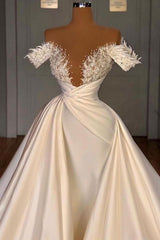 Wedding Dress Simple, Off the Shoulder Sequined Fur Satin Wedding Party Gown Sleeveless/Long Sleevess styles