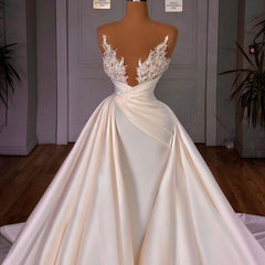 Wedding Dress Lace, Off the Shoulder Sequined Fur Satin Wedding Party Gown Sleeveless/Long Sleevess styles