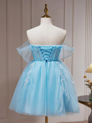 Bridesmaid Dresses Ideas, Off the Shoulder Short Blue Prom Dresses, Short Blue Lace Formal Homecoming Dresses