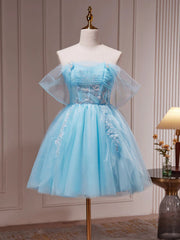 Bridesmaids Dresses Formal, Off the Shoulder Short Blue Prom Dresses, Short Blue Lace Formal Homecoming Dresses