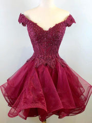 Prom Dresses For Teen, Off the Shoulder Short Burgundy Lace Prom Dresses, Short Burgundy Lace Graduation Homecoming Dresses