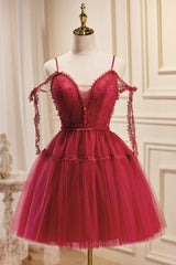 Prom Dress Two Piece, Off the Shoulder Short Burgundy Lace Prom Dresses, Wine Red Short Lace Formal Graduation Dresses