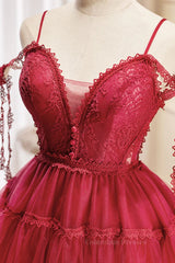 Prom Dresses Two Pieces, Off the Shoulder Short Burgundy Lace Prom Dresses, Wine Red Short Lace Formal Graduation Dresses