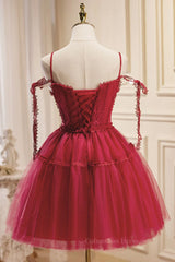 Prom Dressed Two Piece, Off the Shoulder Short Burgundy Lace Prom Dresses, Wine Red Short Lace Formal Graduation Dresses
