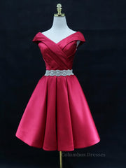 Prom Dress Uk, Off the Shoulder Short Burgundy Prom Dresses, Short Wine Red Formal Graduation Homecoming Dresses