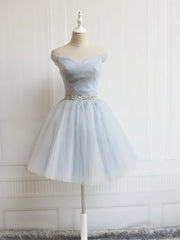 Party Dress For Babies, Off the Shoulder Short Gray Prom Dresses, Short Beaded Gray Graduation Homecoming Dresses