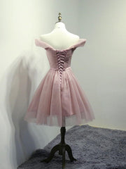 Party Dress Sleeves, Off the Shoulder Short Pink Tulle Prom Dresses, Short Pink Formal Bridesmaid Dresses